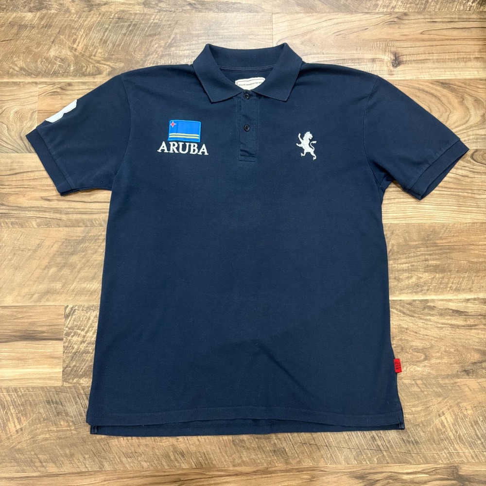 Vintage Y2K Aruba Polo Mens XL Navy Lion Crest Short Sleeve Sporty Preppy Shirt